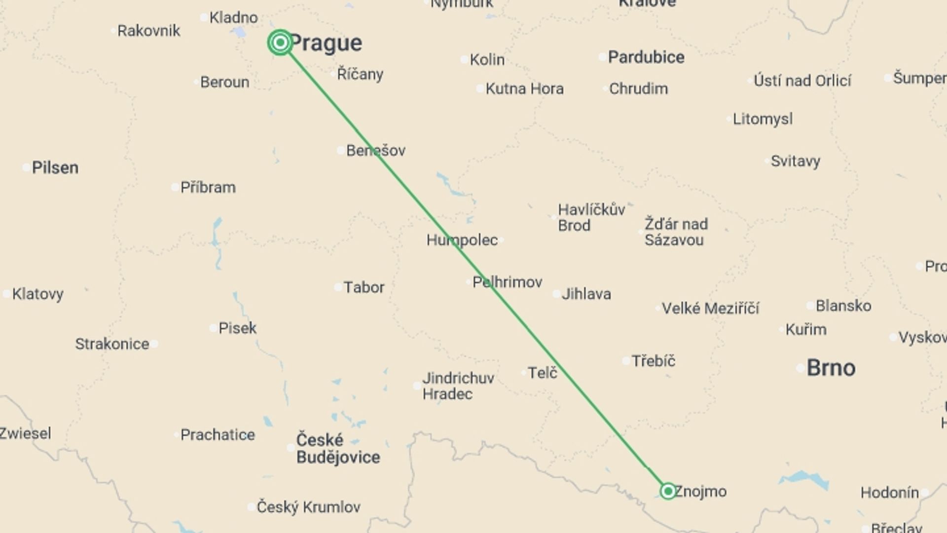 A map showing the tour itinerary for the trip: Moravian UNESCO Heritage Sites – 3 Days Tour, starting in Prague, Czech Republic and ending in Prague, Czech Republic going through 1 other destinations.