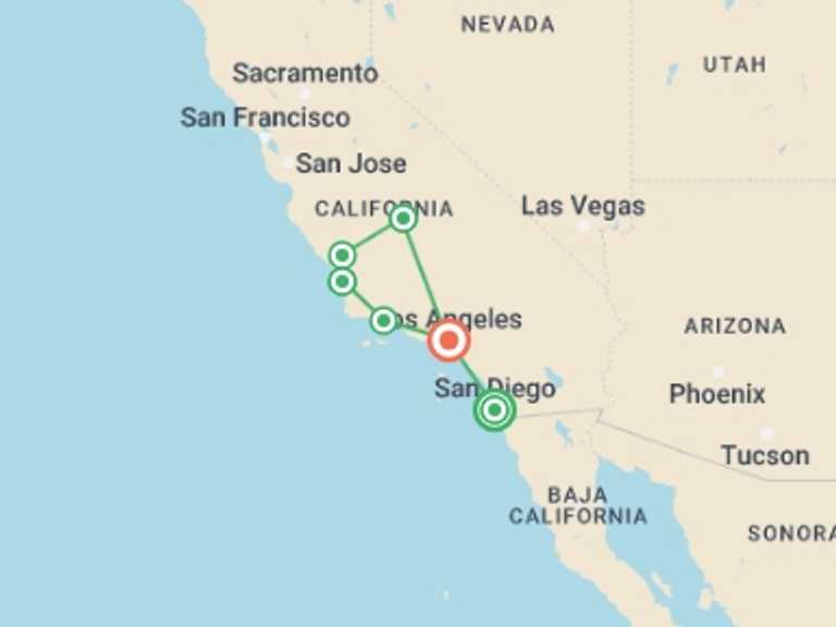 Map itinerary of Los Angeles Tour in September 2025 with 2 destination visits for the trip: Sequoia & Kings Canyon National Parks featuring San Diego and California’s Central Coast 