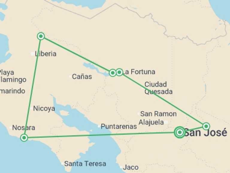 Map itinerary of South America Tour in November 2026 with 6 destination visits for the trip: Costa Rica Adventure & Beach - 11 Days