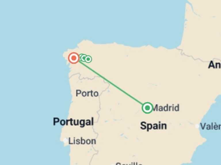 Map itinerary of Spain Tour in August 2026 with 7 destination visits for the trip: Walking the Camino de Santiago