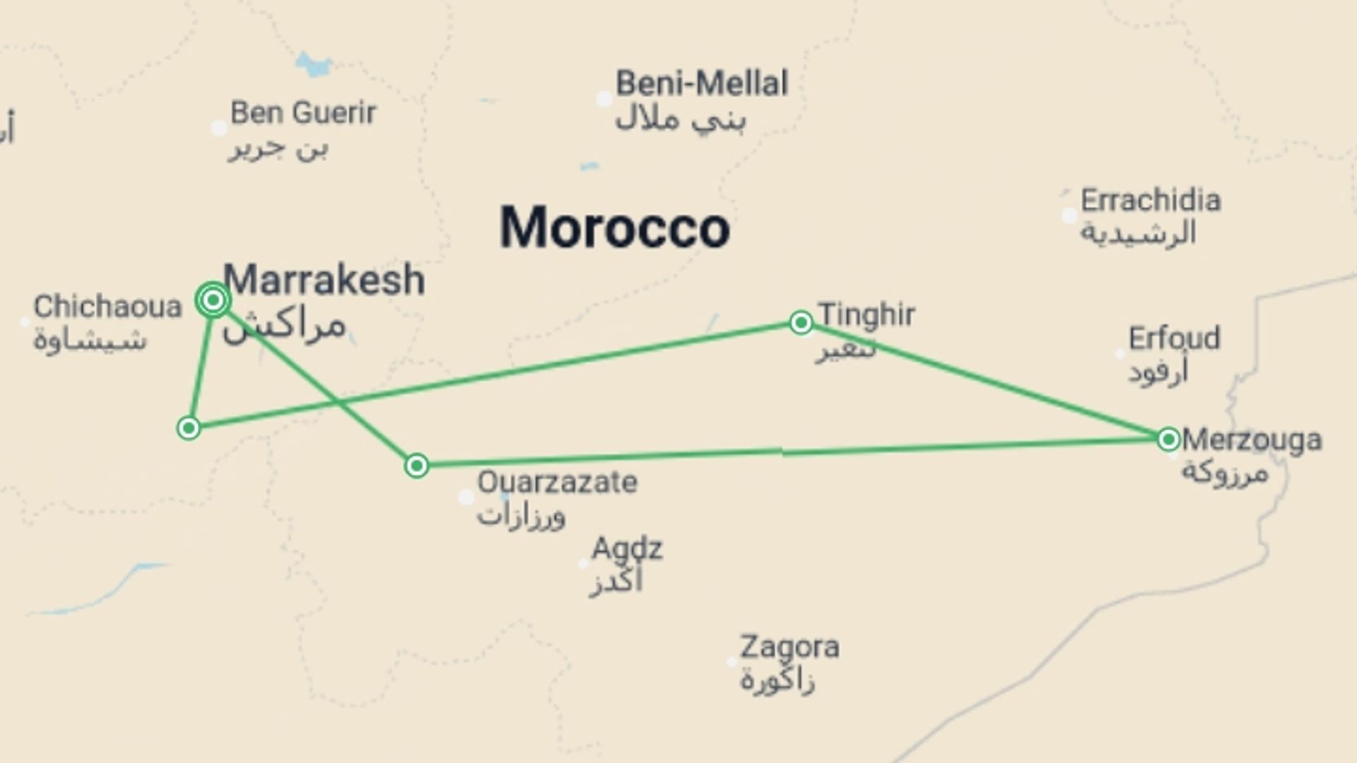 A map showing the tour itinerary for the trip: Signature Morocco | Echoes of the Minaret, starting in Marrakech, Morocco and ending in Marrakech, Morocco going through 4 other destinations.