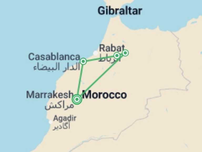 Map itinerary of Mediterranean Tour in July 2026 with 4 destination visits for the trip: Marrakesh and Imperial Capitals