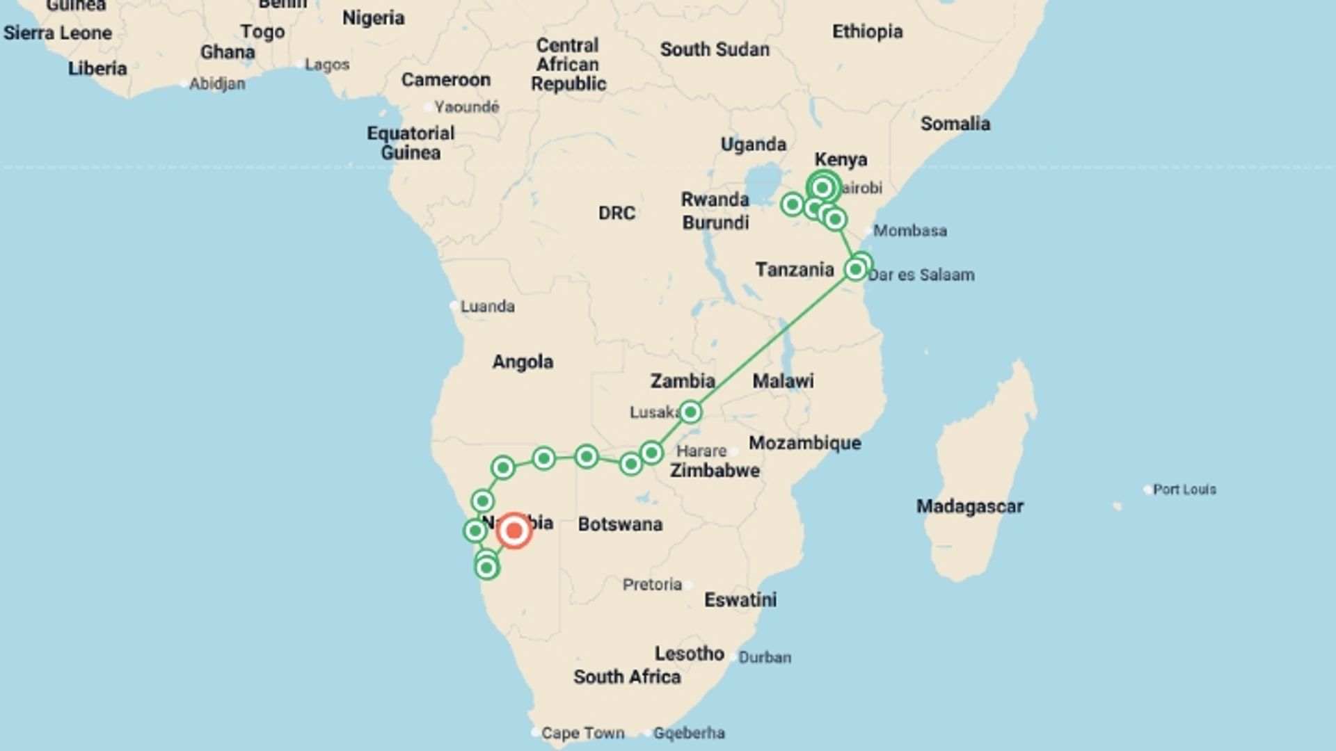 A map showing the tour itinerary for the trip: Africa Family Overland, starting in Nairobi, Kenya and ending in Windhoek, Namibia going through 18 other destinations.