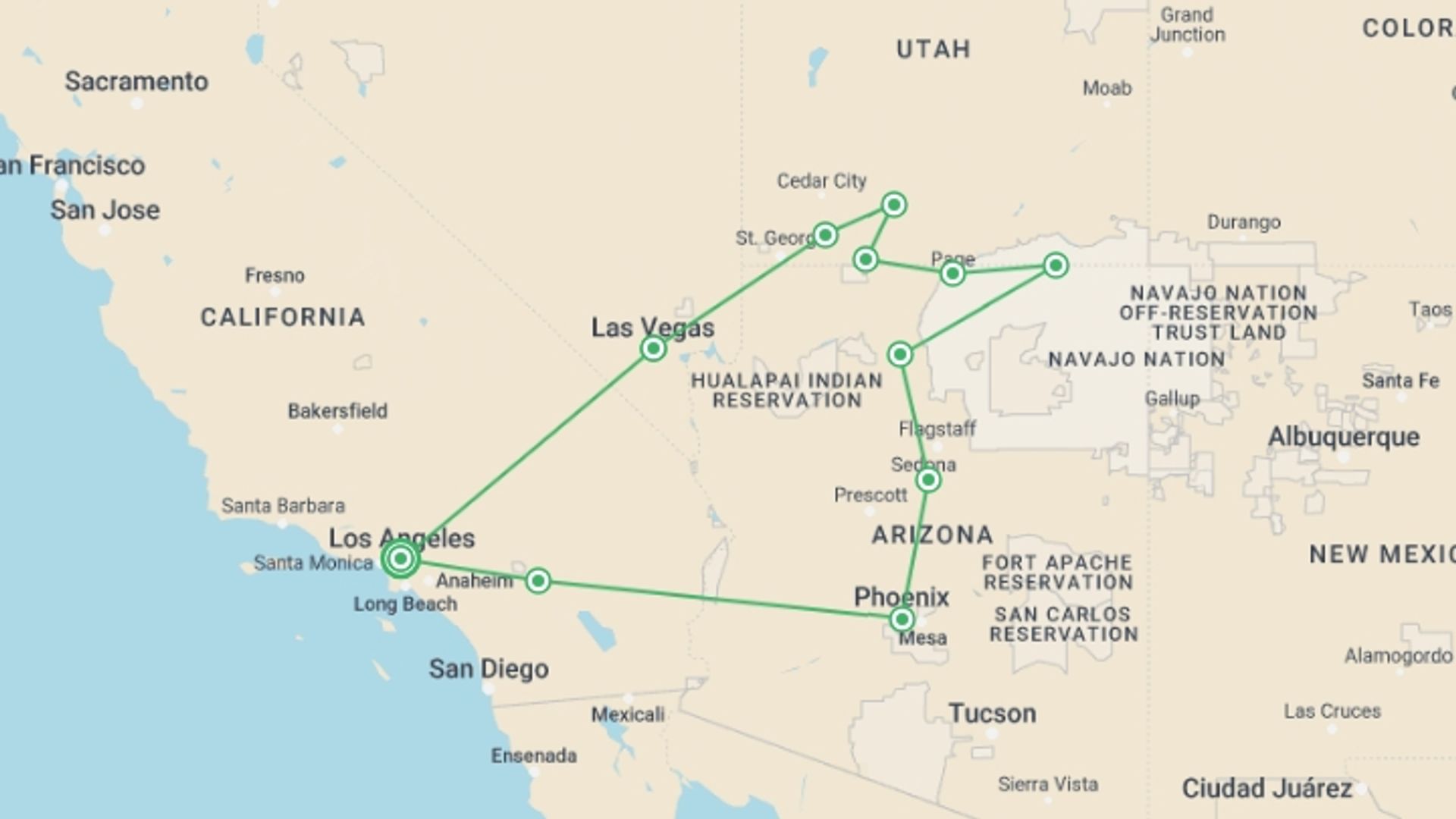 A map showing the tour itinerary for the trip: Western Trails, starting in Los Angeles, USA and ending in Los Angeles, USA going through 6 other destinations.