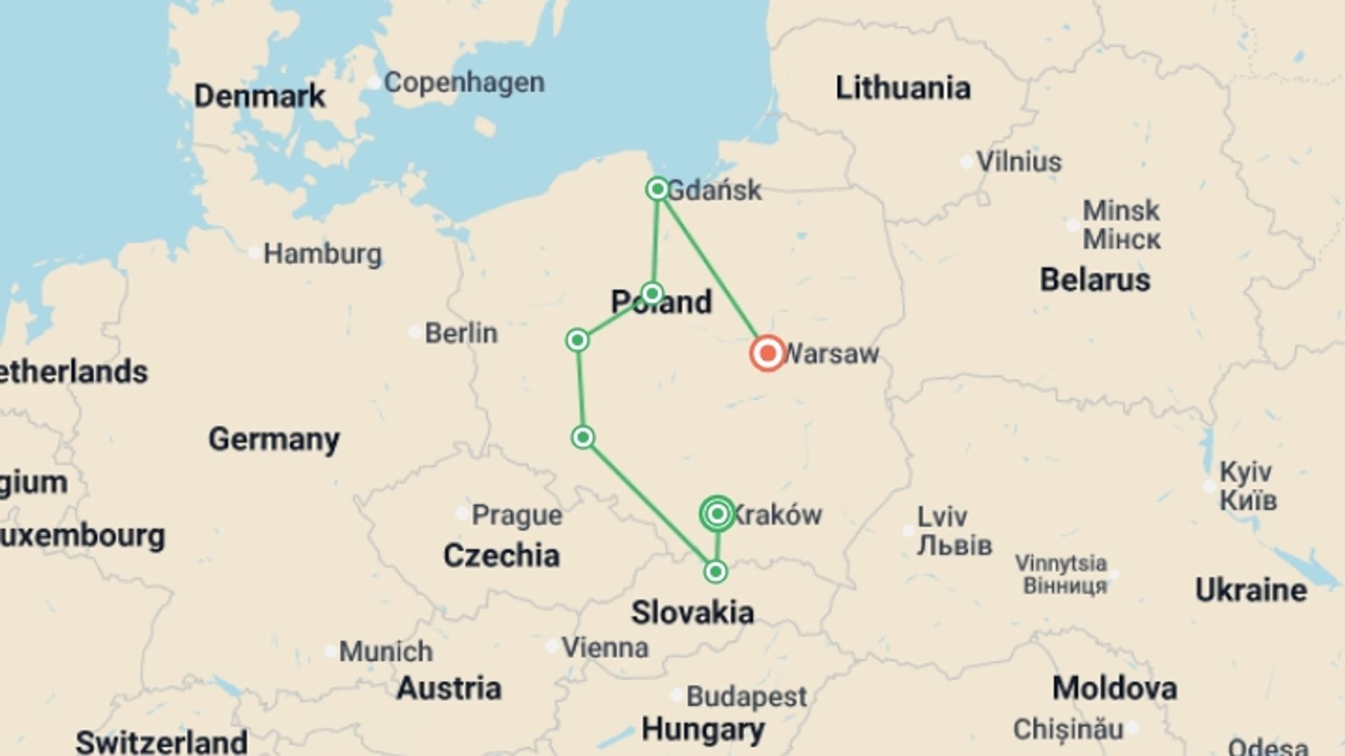 A map showing the tour itinerary for the trip: Highlights of Poland, starting in Krakow, Poland and ending in Warsaw, Poland going through 4 other destinations.