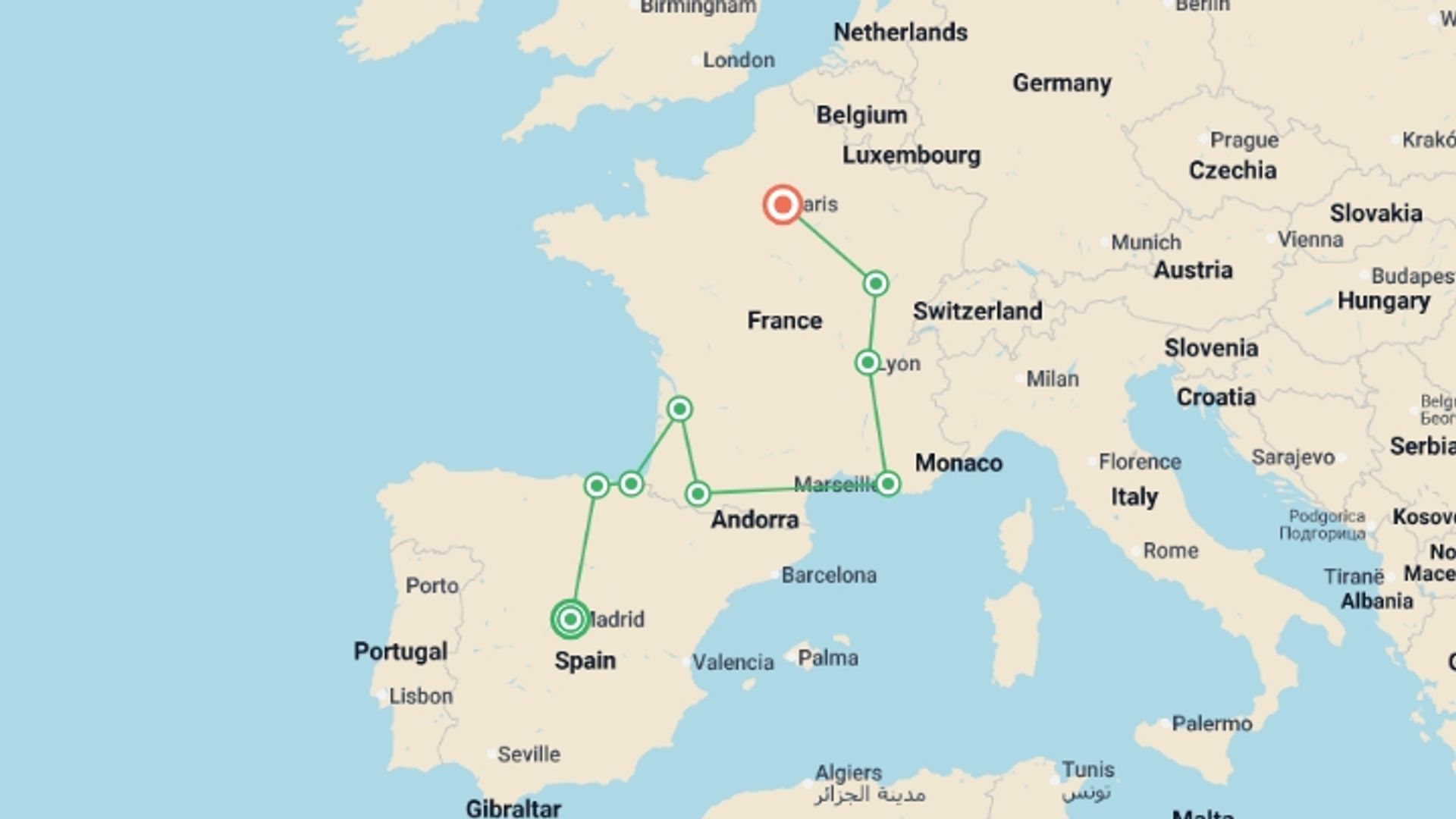 A map showing the tour itinerary for the trip: Madrid, Basque Country, Lourdes, Provence and Burgundy with Paris, starting in Madrid, Spain and ending in Paris, France going through 7 other destinations.