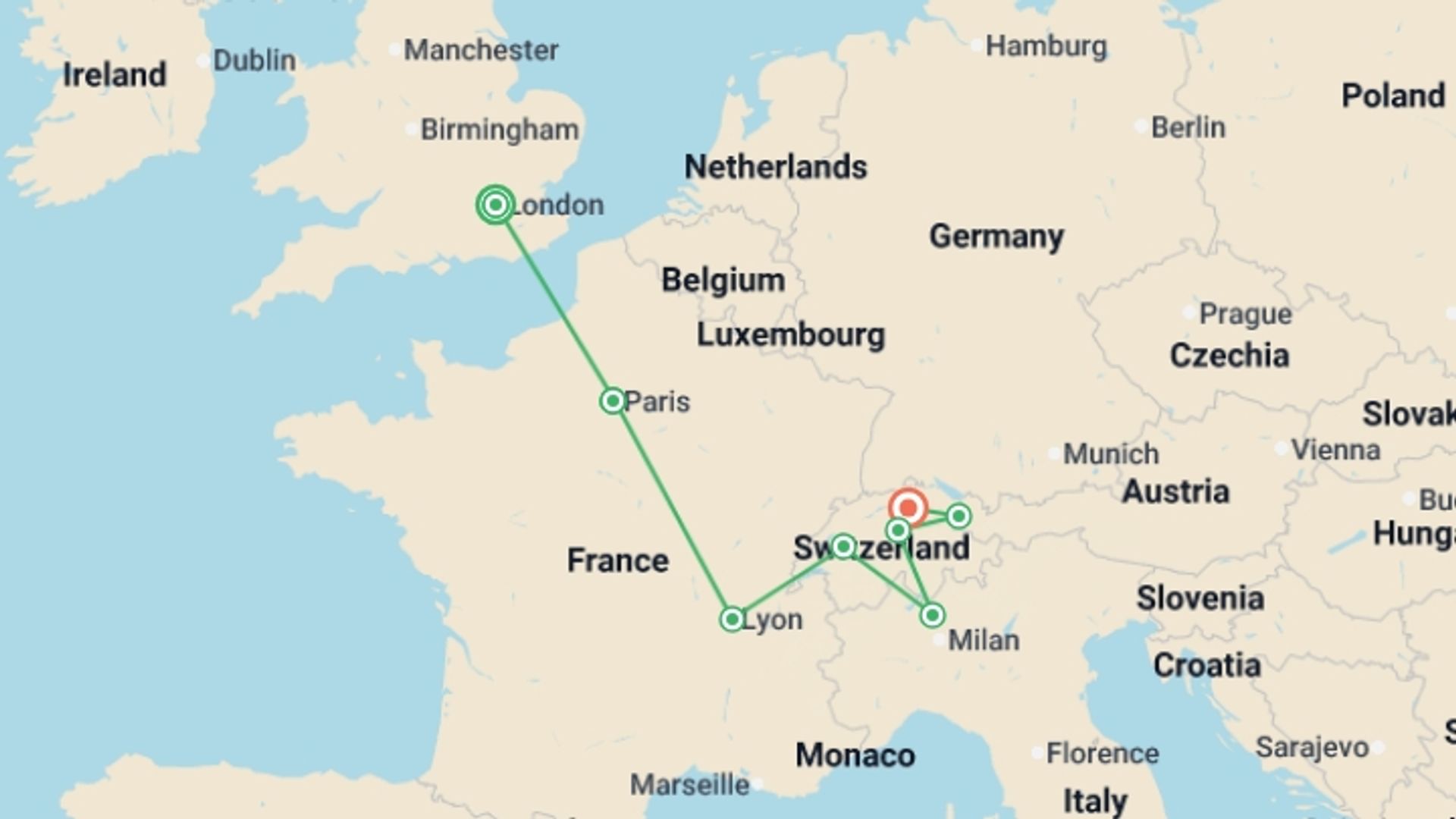 A map showing the tour itinerary for the trip: London to Zurich, starting in London, England and ending in Zurich, Switzerland going through 6 other destinations.