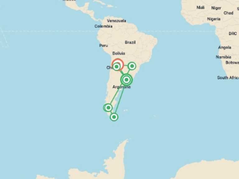 Map itinerary of Puerto Iguazu Tour in Spring with 10 destination visits for the trip: 16-Day Contrasts of Argentina Tour