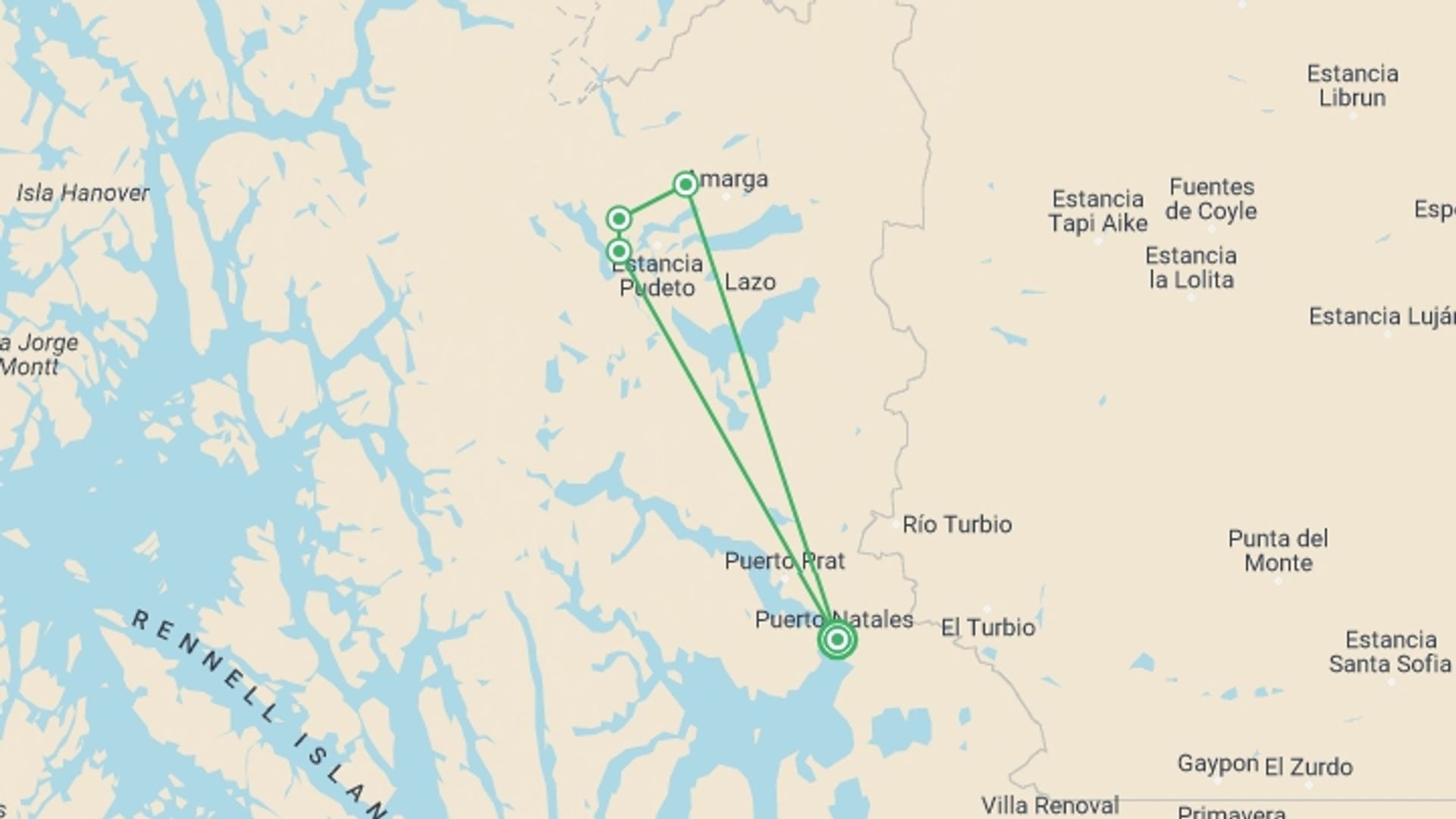 A map showing the tour itinerary for the trip: Torres del Paine Best Hikes, starting in Puerto Natales, Chile and ending in Puerto Natales, Chile going through 3 other destinations.