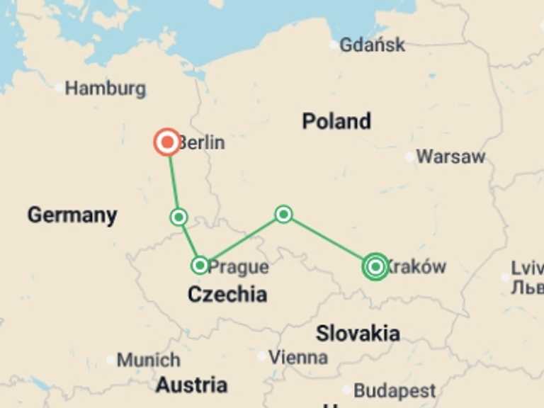 Map of Prague City sightseeing Tour with 4 destination visits for the trip: Christmas Markets of Poland, Prague and Germany