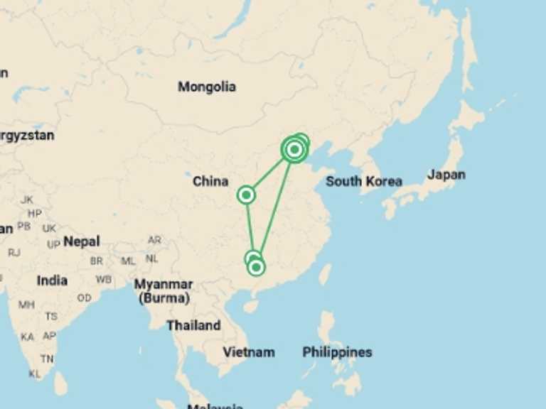 Map of 11-Day China Tour with 7 destination visits for the trip: Walking the Charms of China - Privately Guided
