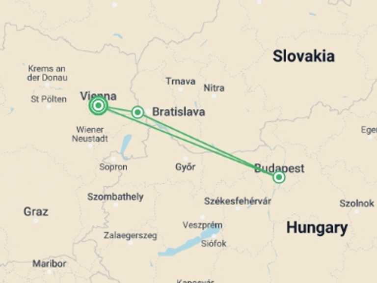 Map itinerary of Vienna Tour in July 2026 with 3 destination visits for the trip: Capital Cities Along the Danube (port-to-port cruise)