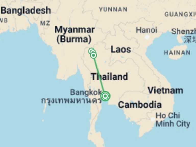 Map of Thailand Tour with 4 destination visits for the trip: Northern Thailand: Hilltribes & Villages