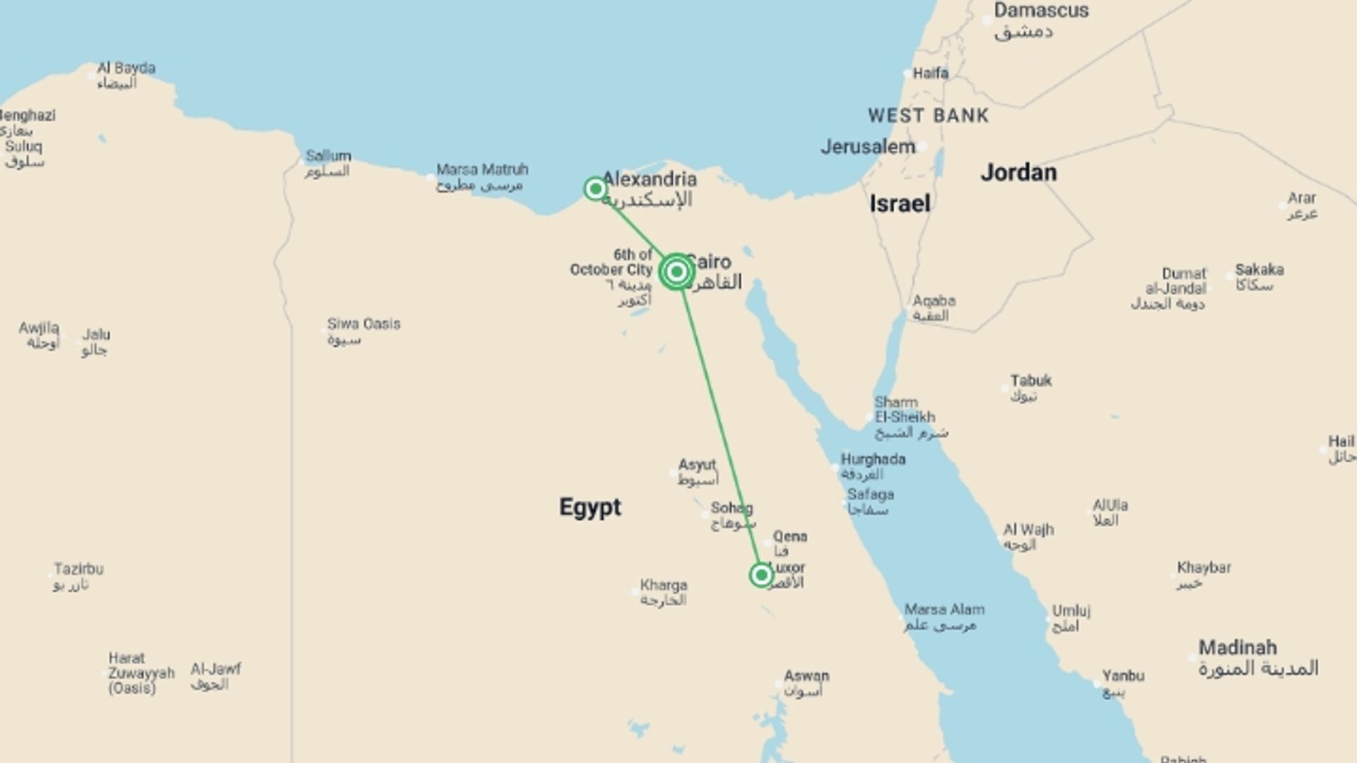 A map showing the tour itinerary for the trip: Biblical Cairo & Alexandria (4 Star) - 6 days, starting in Cairo, Egypt and ending in Cairo, Egypt going through 2 other destinations.