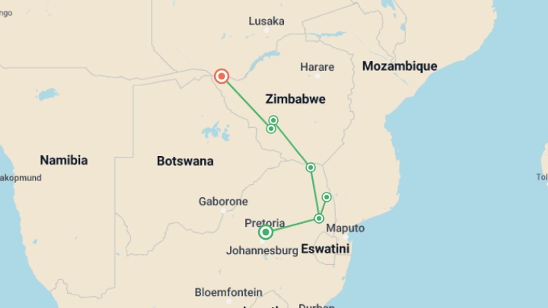 A map showing the tour itinerary for the trip: 7-day Kruger to Victoria Falls Accommodated, starting in Pretoria, South Africa and ending in Livingstone, Zambia going through 4 other destinations.