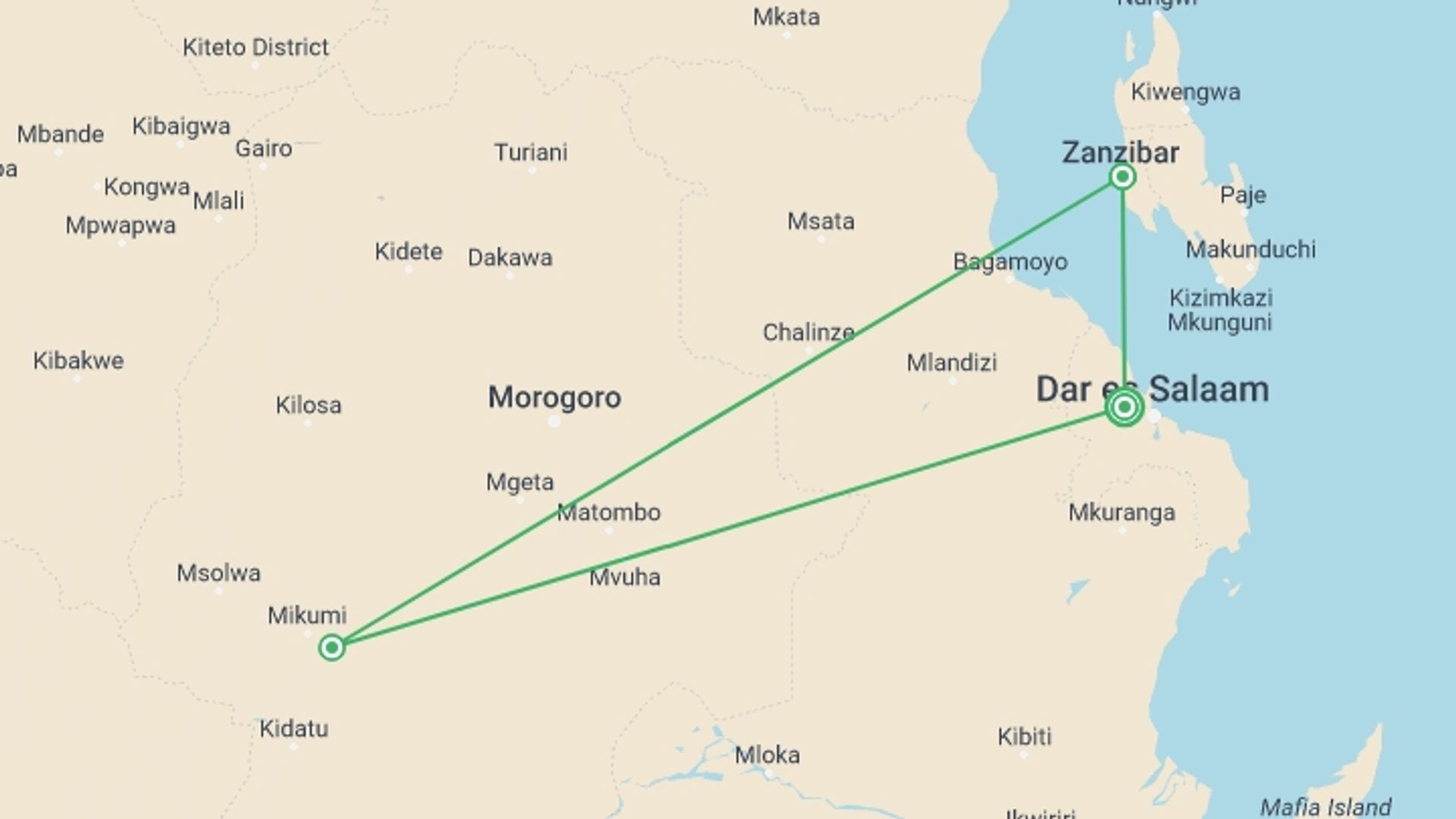 A map showing the tour itinerary for the trip:  Dar es salaam city tour -Mikumi safari -Zanzibar beach, starting in Dar Es Salaam, Tanzania and ending in Dar Es Salaam, Tanzania going through 2 other destinations.