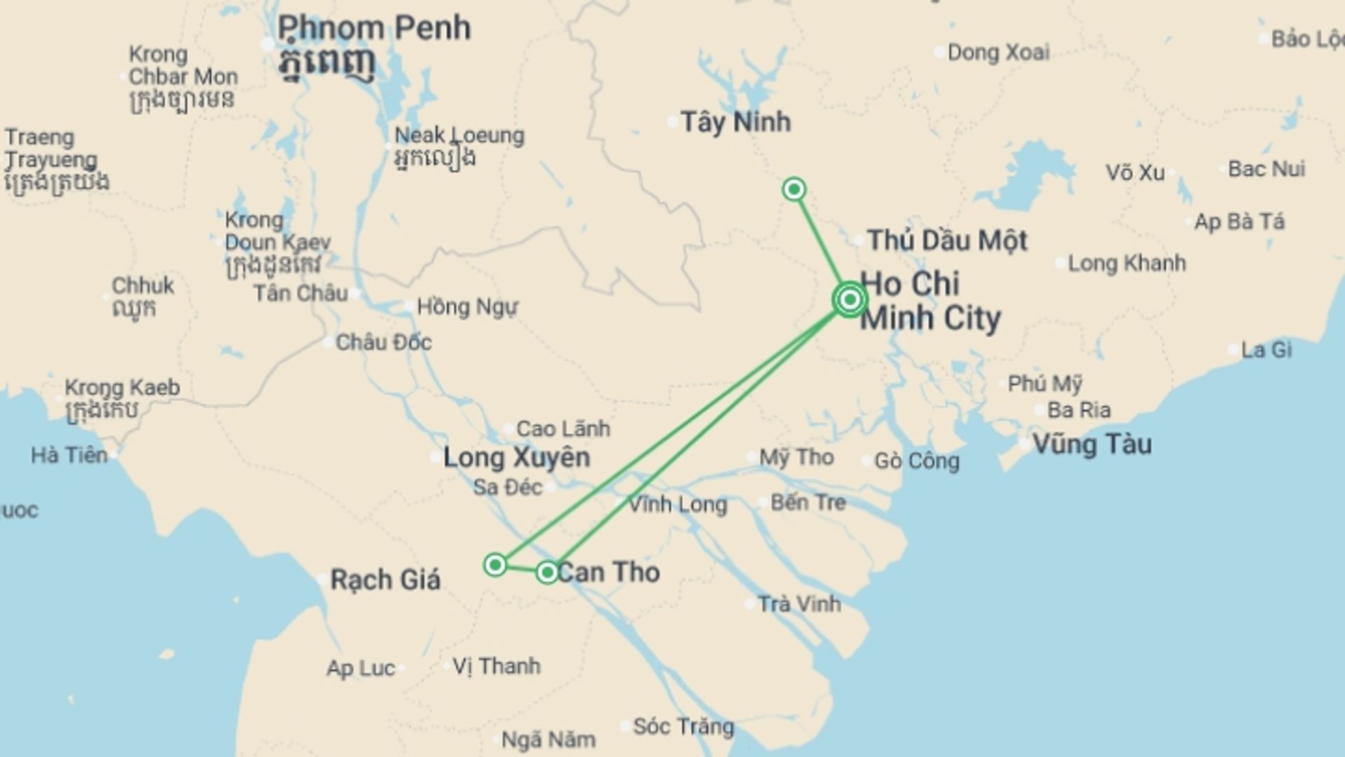 A map showing the tour itinerary for the trip: Saigon, Cu Chi & Mekong Delta - 6 days, starting in Ho Chi Minh City, Vietnam and ending in Ho Chi Minh City, Vietnam going through 1 other destinations.