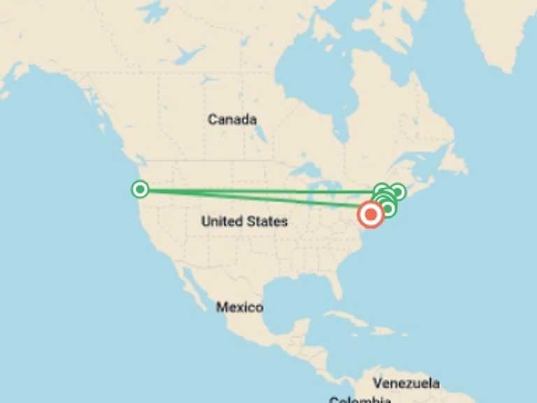Map of North America Explorer Tour with 7 destination visits for the trip: New England, White Mountains, Cape Cod & New York - 12 days