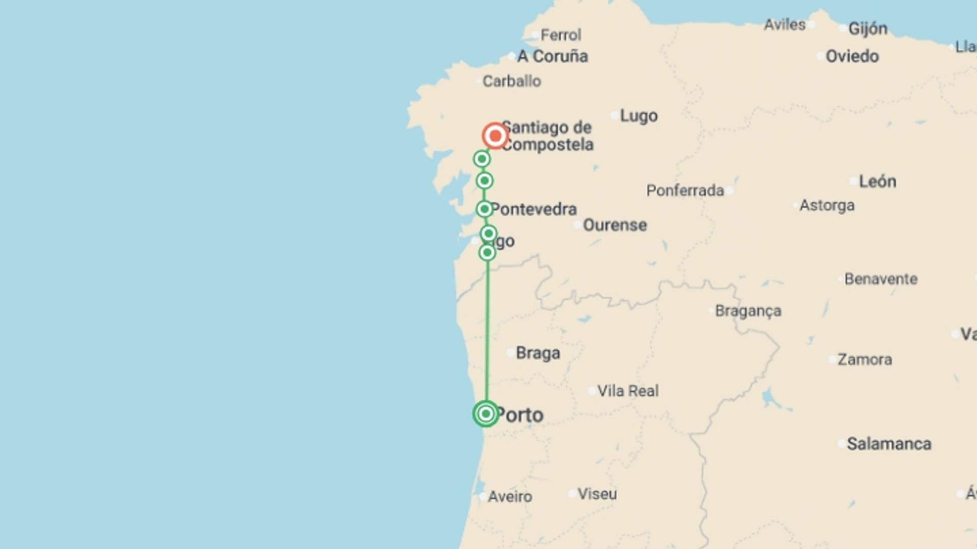 A map showing the tour itinerary for the trip: Walking the Portuguese Camino, starting in Porto, Portugal and ending in Santiago De Compostela, Spain going through 5 other destinations.