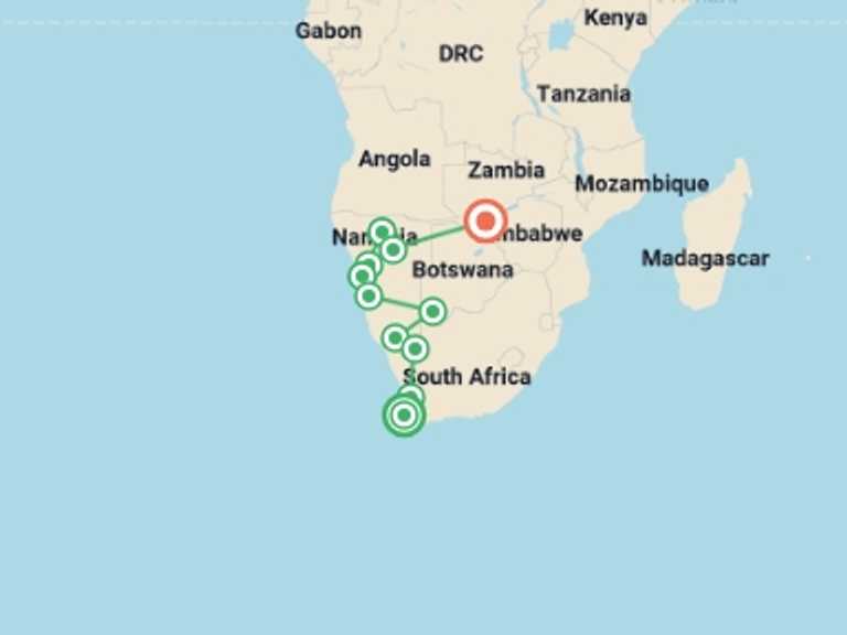 Map of 12-Day Cape Town Tour with 11 destination visits for the trip: Cape Town, Kruger, & Victoria Falls Wildlife Safari
