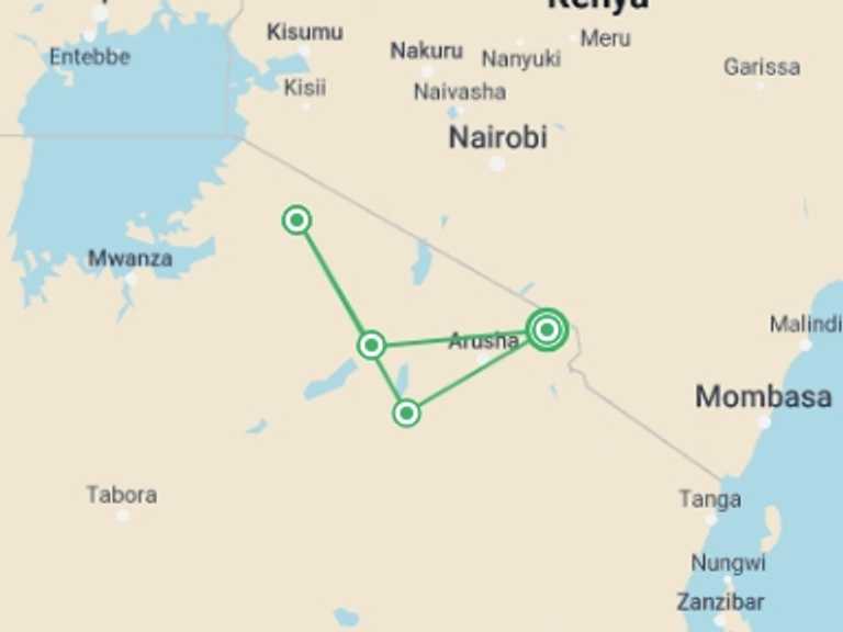 Map of Africa Tour with 9 destination visits for the trip: Wheelchair Accessible Tanzania Safari in 8 days