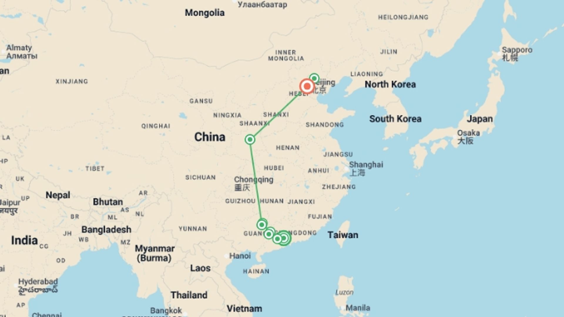 A map showing the tour itinerary for the trip: China Bike and Hike, starting in Guangzhou, China and ending in Beijing, China going through 4 other destinations.