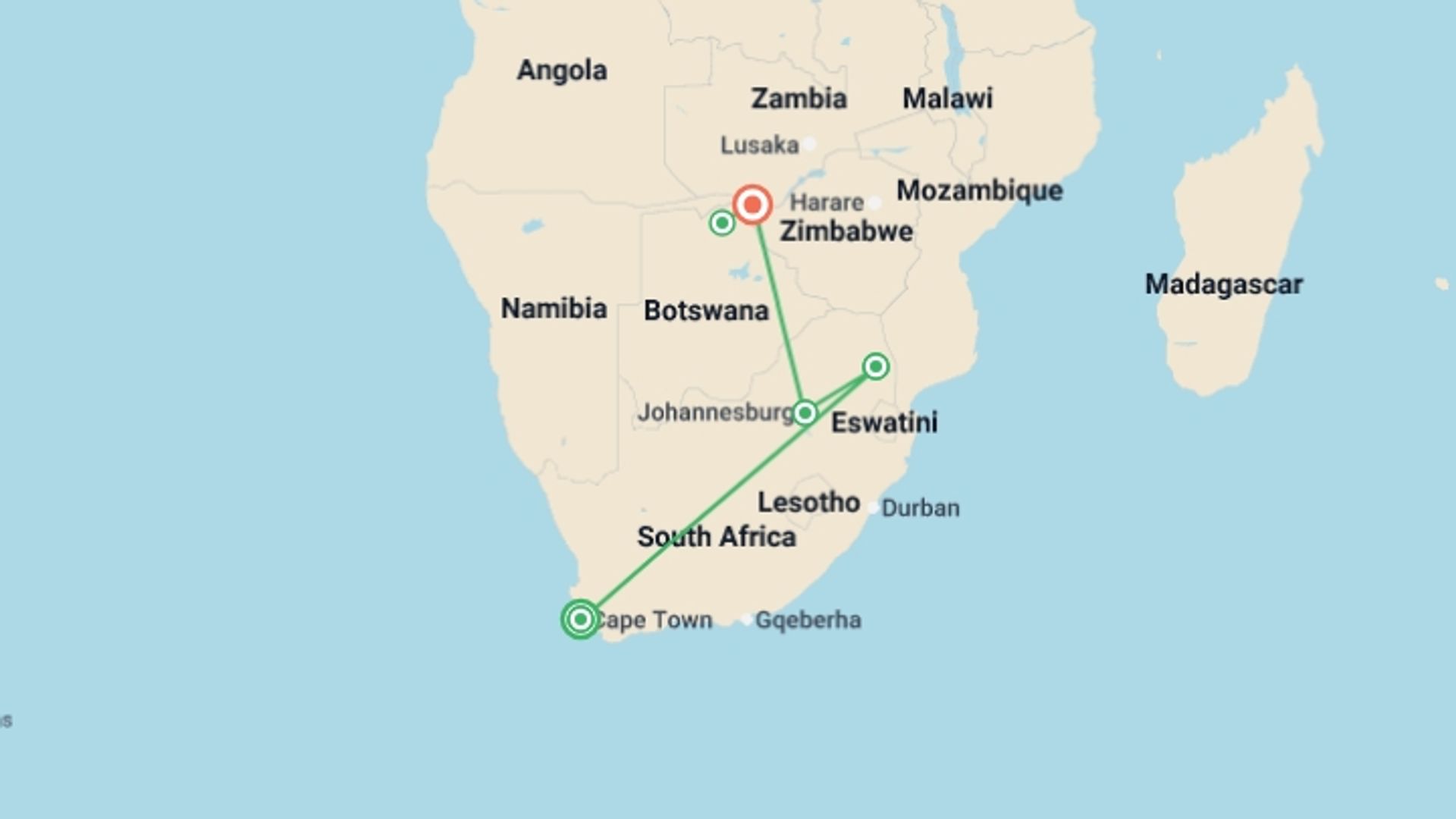A map showing the tour itinerary for the trip: Southern Africa Discovery, starting in Cape Town, South Africa and ending in Victoria Falls, Zimbabwe going through 3 other destinations.