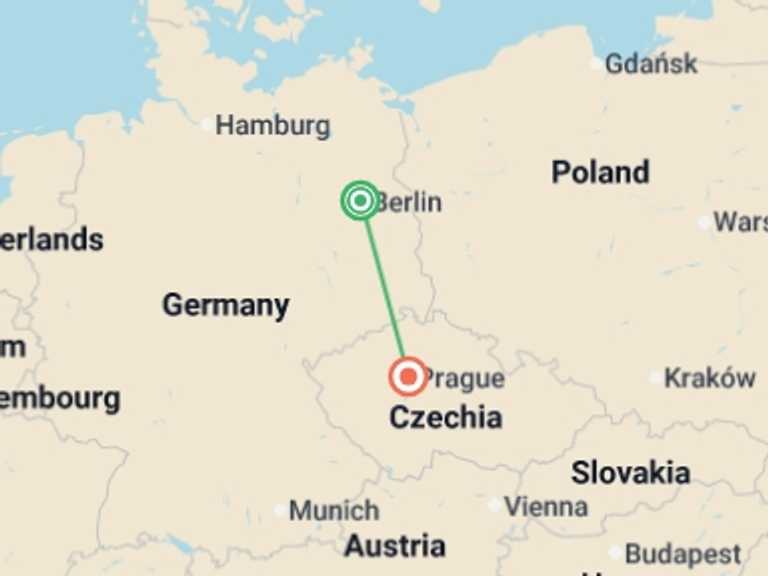 Map itinerary of Europe Tour in June 2026 with 2 destination visits for the trip: Berlin and Prague GO