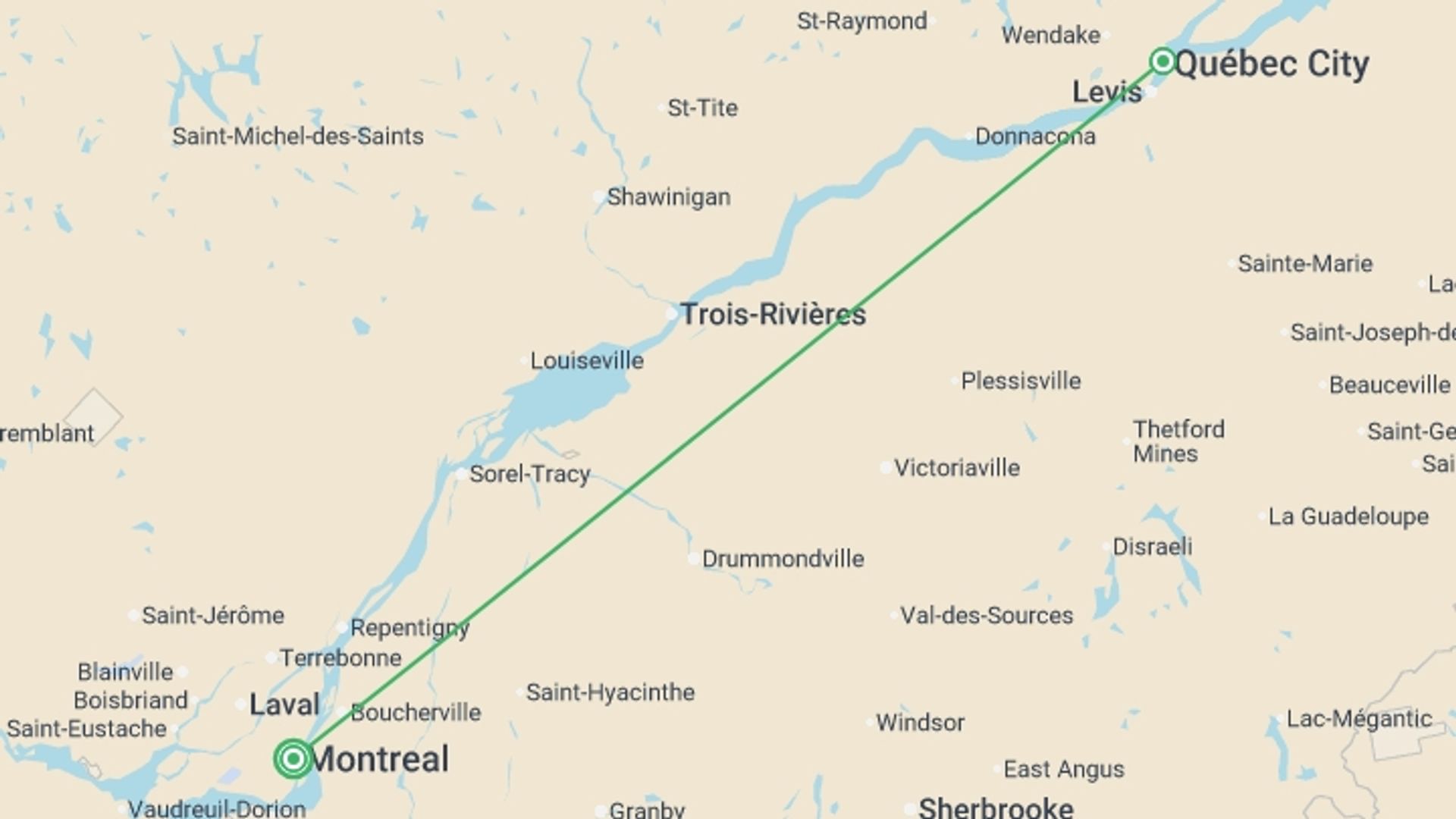 A map showing the tour itinerary for the trip: Christmas Markets of Montreal and Quebec City , starting in Montreal, Canada and ending in Montreal, Canada going through 1 other destinations.