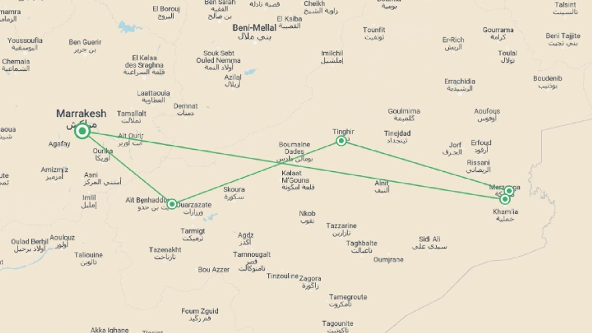 A map showing the tour itinerary for the trip: Sahara Mini Adventure, starting in Marrakech, Morocco and ending in Marrakech, Morocco going through 2 other destinations.