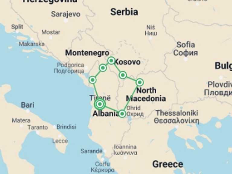 Map of 15-Day Europe Tour with 7 destination visits for the trip: Kosovo, Albania & Macedonia Explorer