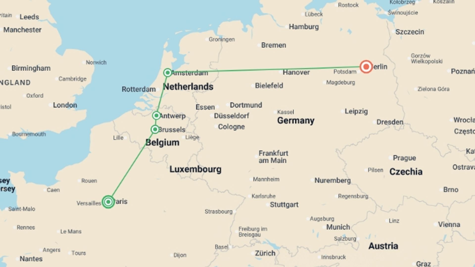 A map showing the tour itinerary for the trip: Paris to Berlin, starting in Paris, France and ending in Berlin, Germany going through 2 other destinations.