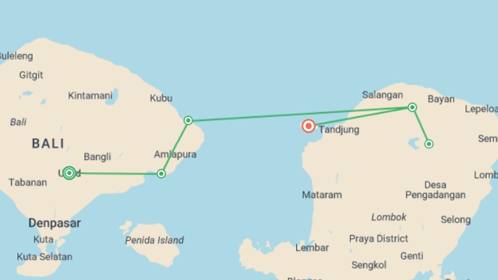 A map showing the tour itinerary for the trip: Bali, Lombok & Gili Islands: Hike, Bike, Raft & Snorkel, starting in Ubud, Indonesia and ending in Gili Islands, Indonesia going through 4 other destinations.