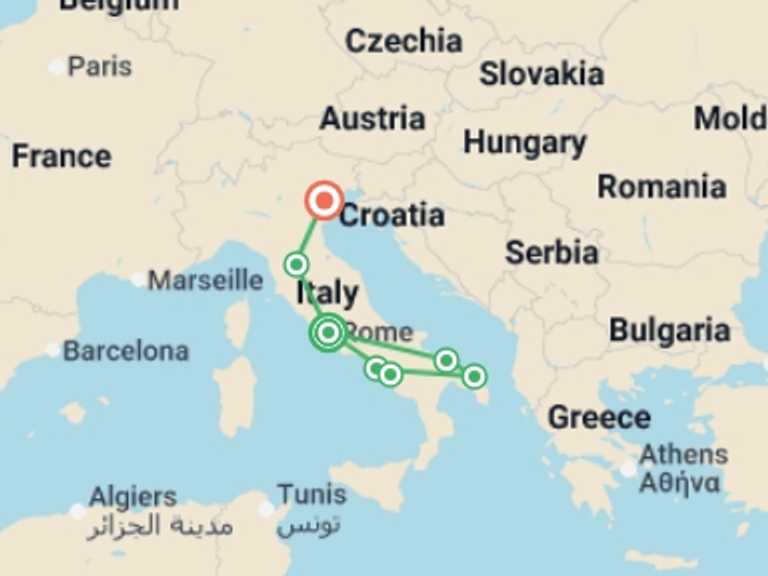 Map of Europe Tour with 7 destination visits for the trip: Rome, Puglia and Campania With Northern Italy End Venice