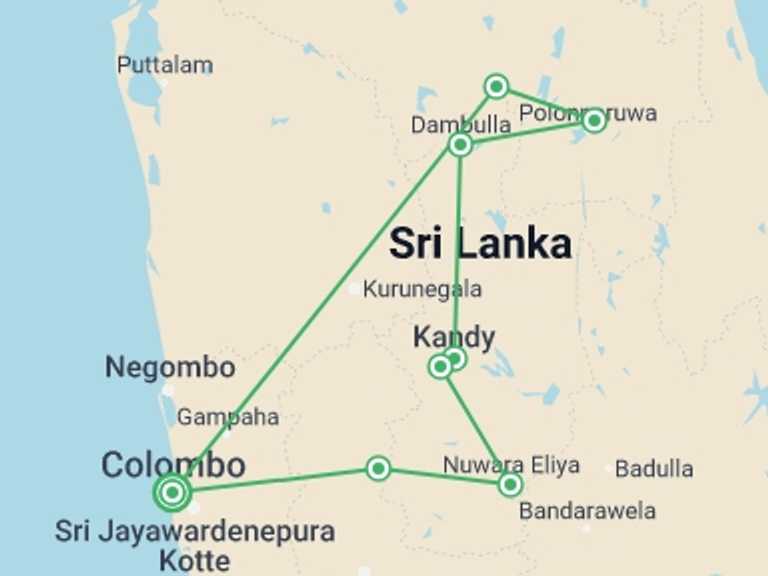 Map of Sri Lanka Tour with 5 destination visits for the trip: Cultural Highlights Of Sri Lanka 6 Days, Private Tour