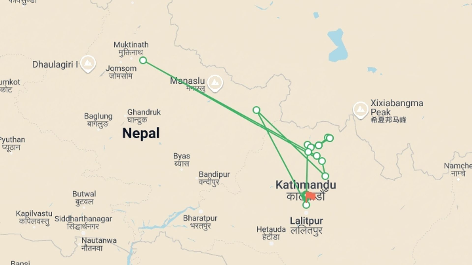 A map showing the tour itinerary for the trip: Langtang Circuit trekking, starting in Kathmandu, Nepal and ending in Kathmandu, Nepal going through 12 other destinations.