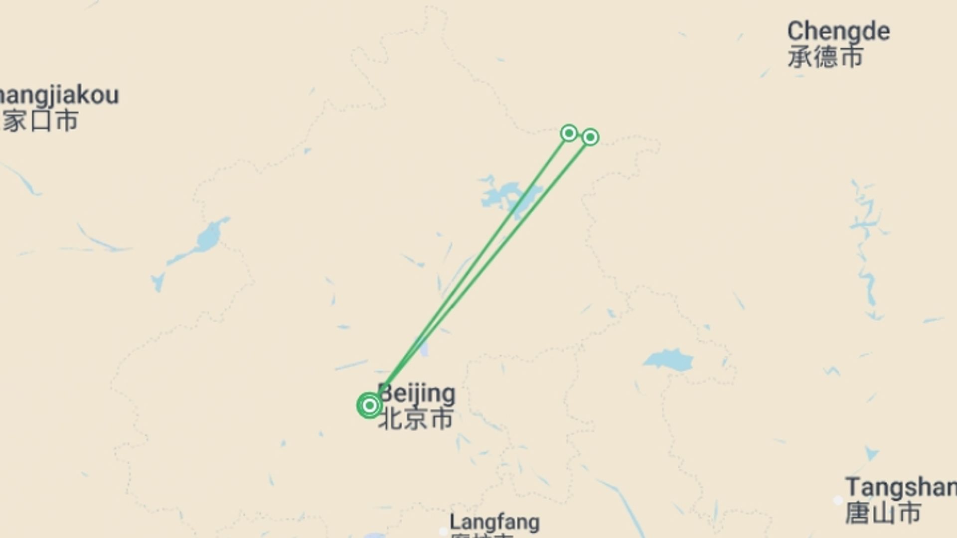 A map showing the tour itinerary for the trip: Great Wall Hike, starting in Beijing, China and ending in Beijing, China going through 2 other destinations.