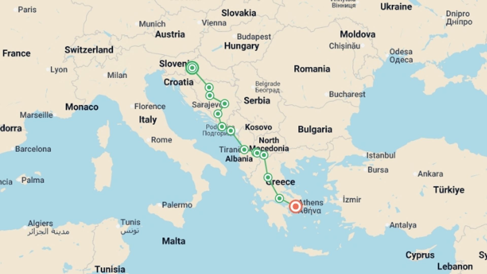 A map showing the tour itinerary for the trip: Balkans, starting in Zagreb, Croatia and ending in Athens, Greece going through 5 other destinations.