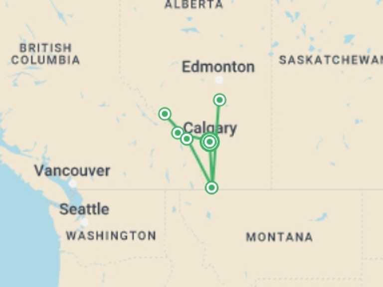 Map of Canada Natural landmarks sightseeing Tour with 1 destination visits for the trip: Canadian Rockies & Glacier National 