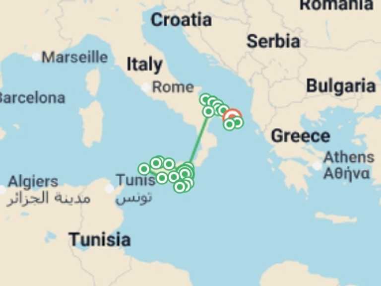 Map itinerary of Italy Tour in June 2026 with 6 destination visits for the trip: Sicily, Matera &  Puglia - 13 days
