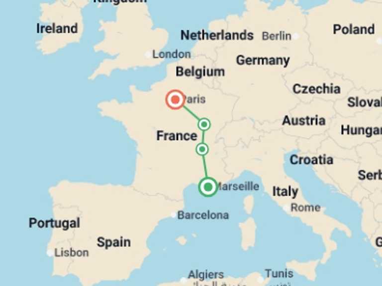 Map itinerary of Dijon Tour in April 2026 with 4 destination visits for the trip: Cote d Azur and Burgundy