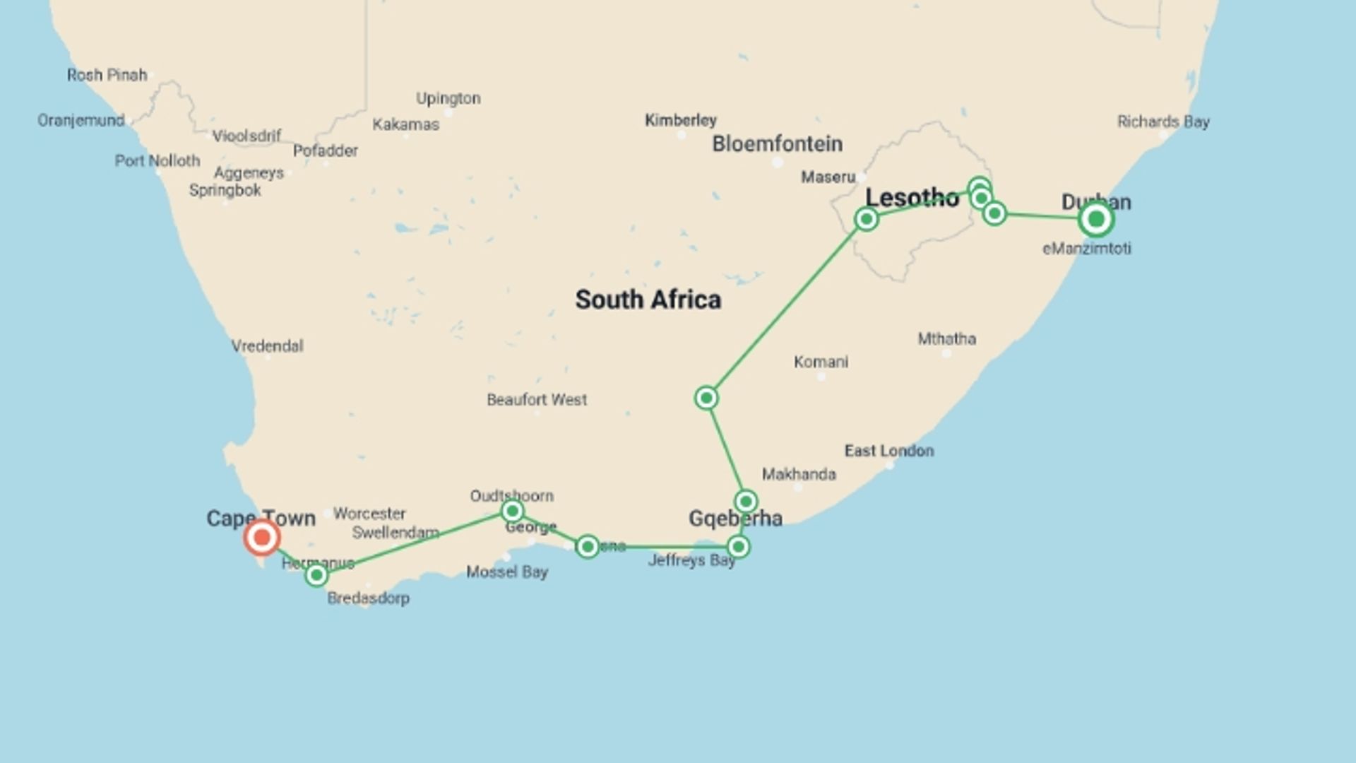 A map showing the tour itinerary for the trip: 12-day Durban, Lesotho  Cape Town Camping, starting in Durban, South Africa and ending in Cape Town, South Africa going through 9 other destinations.