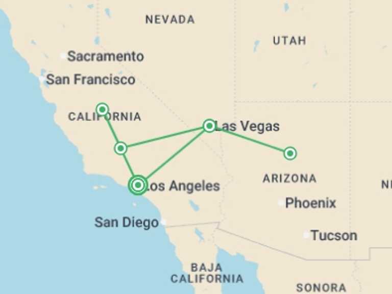 Map itinerary of USA Tour in March 2027 with 5 destination visits for the trip: Los Angeles, Las Vegas with National Parks ROT