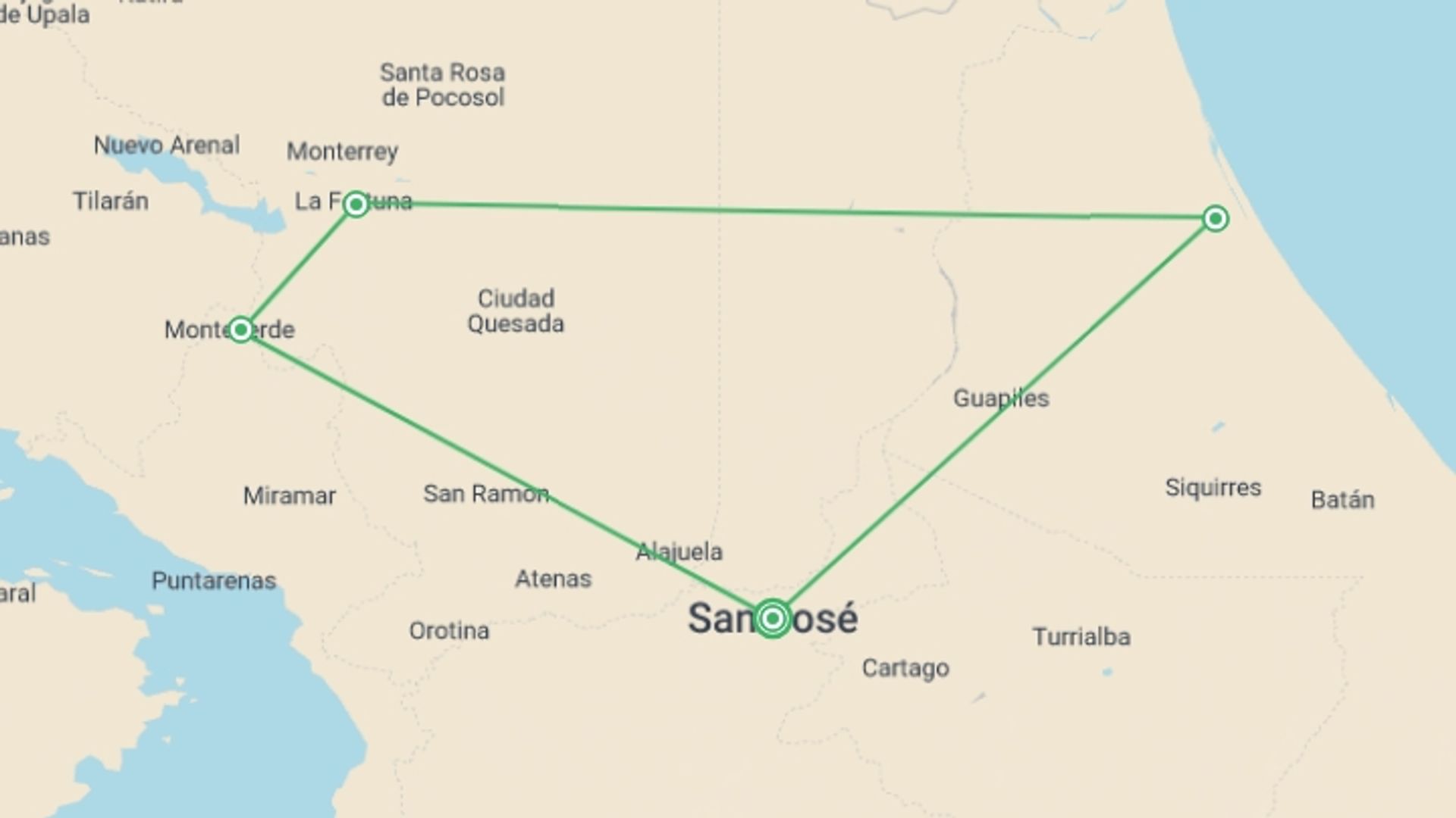 A map showing the tour itinerary for the trip: Natural Highlights of Costa Rica, starting in San Jose, Costa Rica and ending in San Jose, Costa Rica going through 4 other destinations.