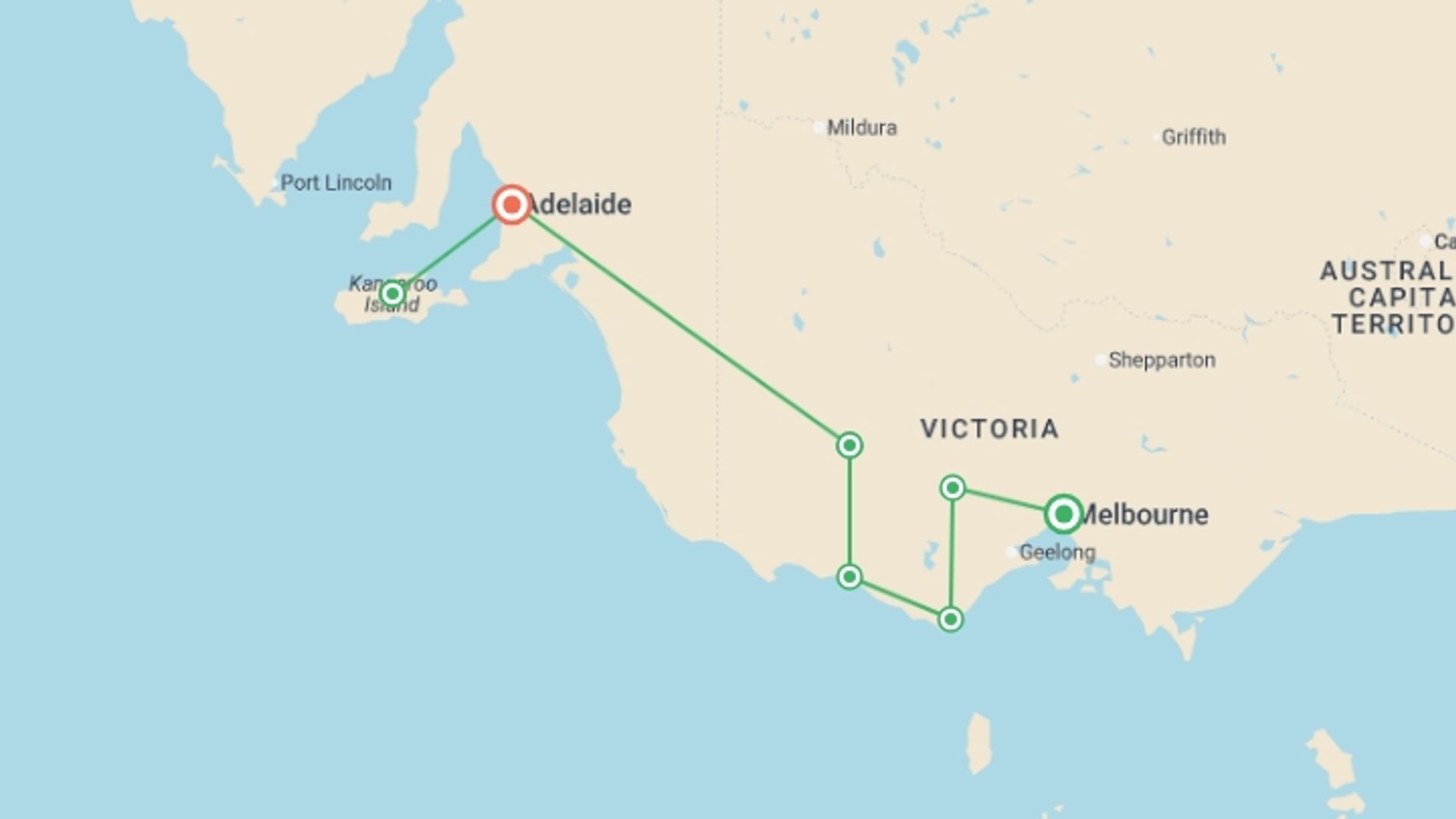 A map showing the tour itinerary for the trip: Melbourne to Kangaroo Island Adventure, starting in Melbourne, Australia and ending in Adelaide, Australia going through 5 other destinations.