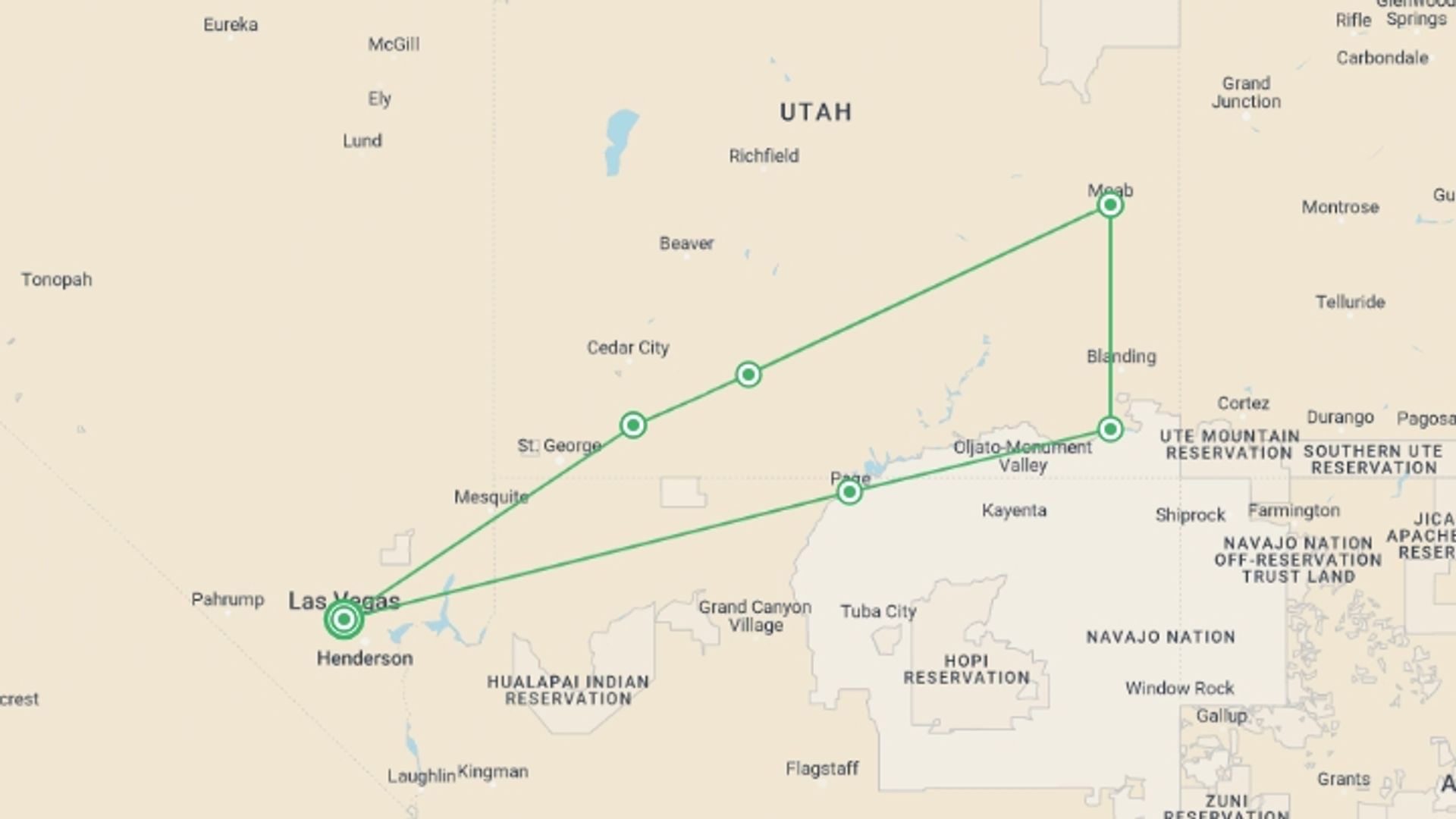 A map showing the tour itinerary for the trip: Hiking Utah's National Parks, starting in Las Vegas, USA and ending in Las Vegas, USA going through 5 other destinations.