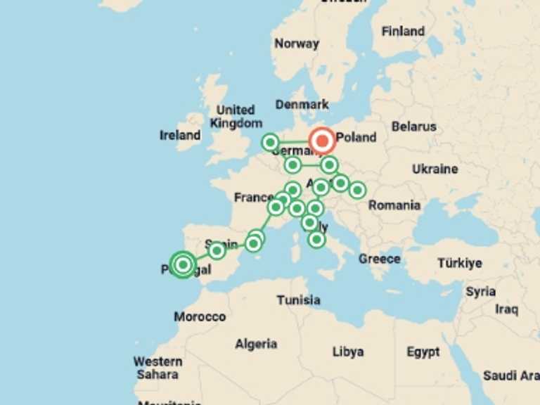 Map itinerary of Budapest Tour in December 2026 with 18 destination visits for the trip: All Europe