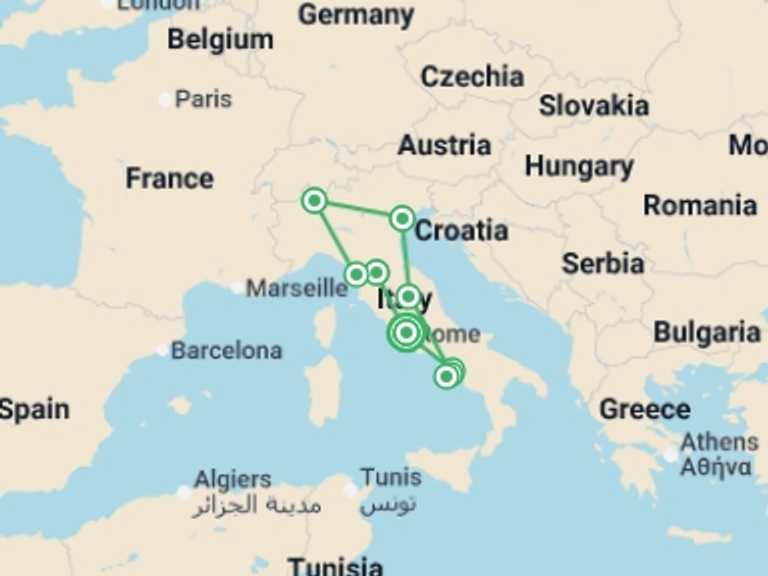 Map itinerary of Italy Tour in June 2026 with 7 destination visits for the trip: Italian Escapade