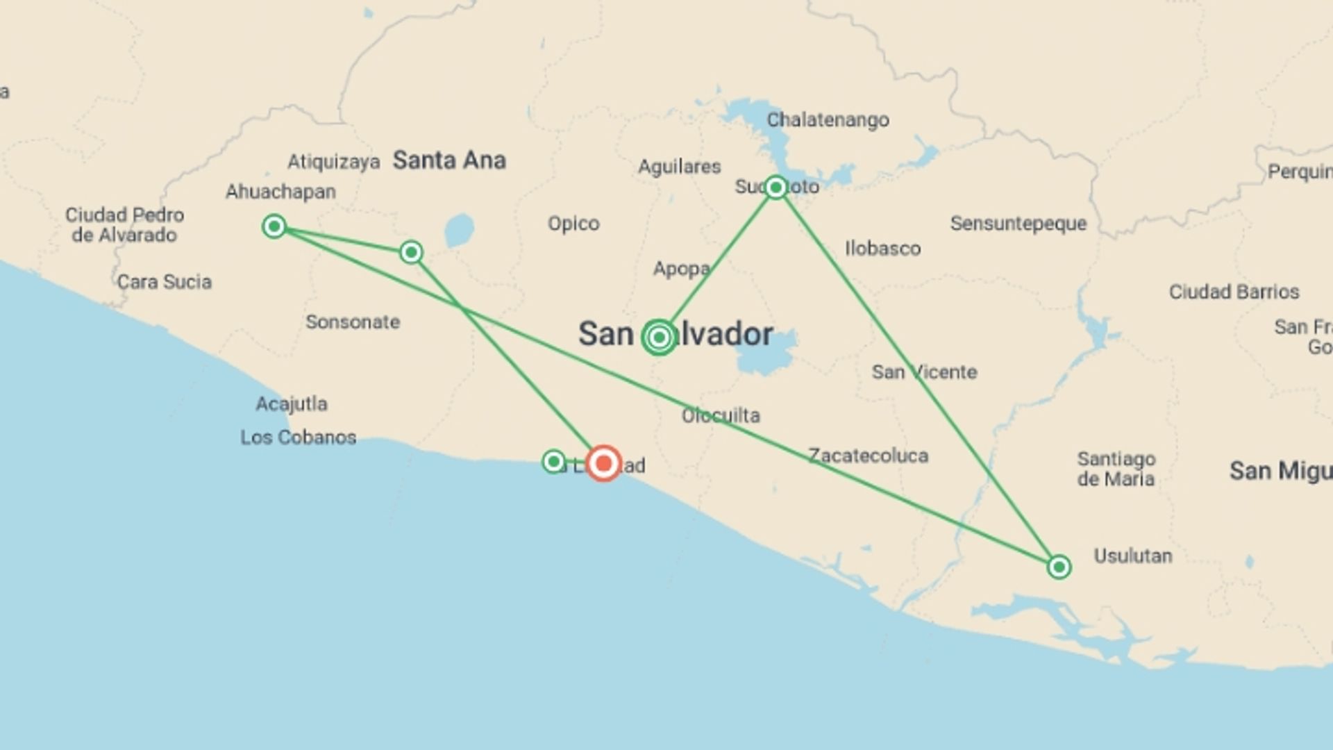 A map showing the tour itinerary for the trip: Highlights of El Salvador, starting in San Salvador, El Salvador and ending in La Libertad, El Salvador going through 5 other destinations.