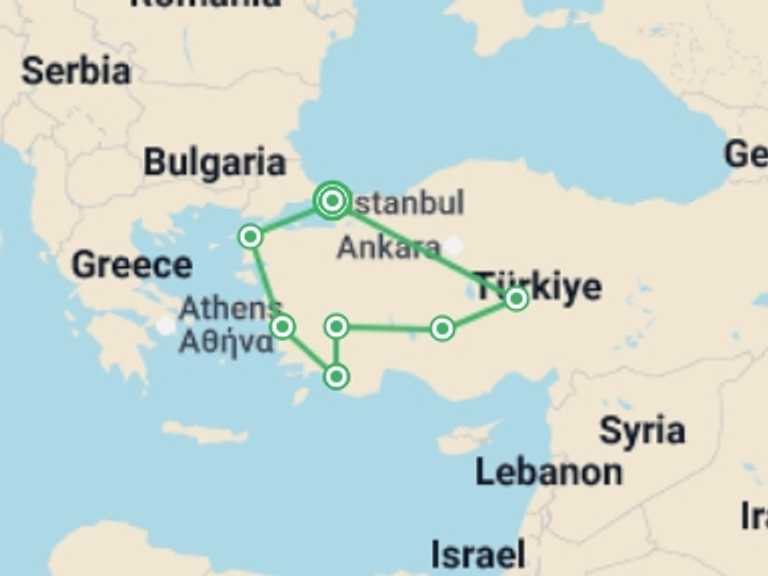 Map of 13-Day Istanbul Tour with 7 destination visits for the trip: Classic Turkey & Gulet Cruise - 13 days